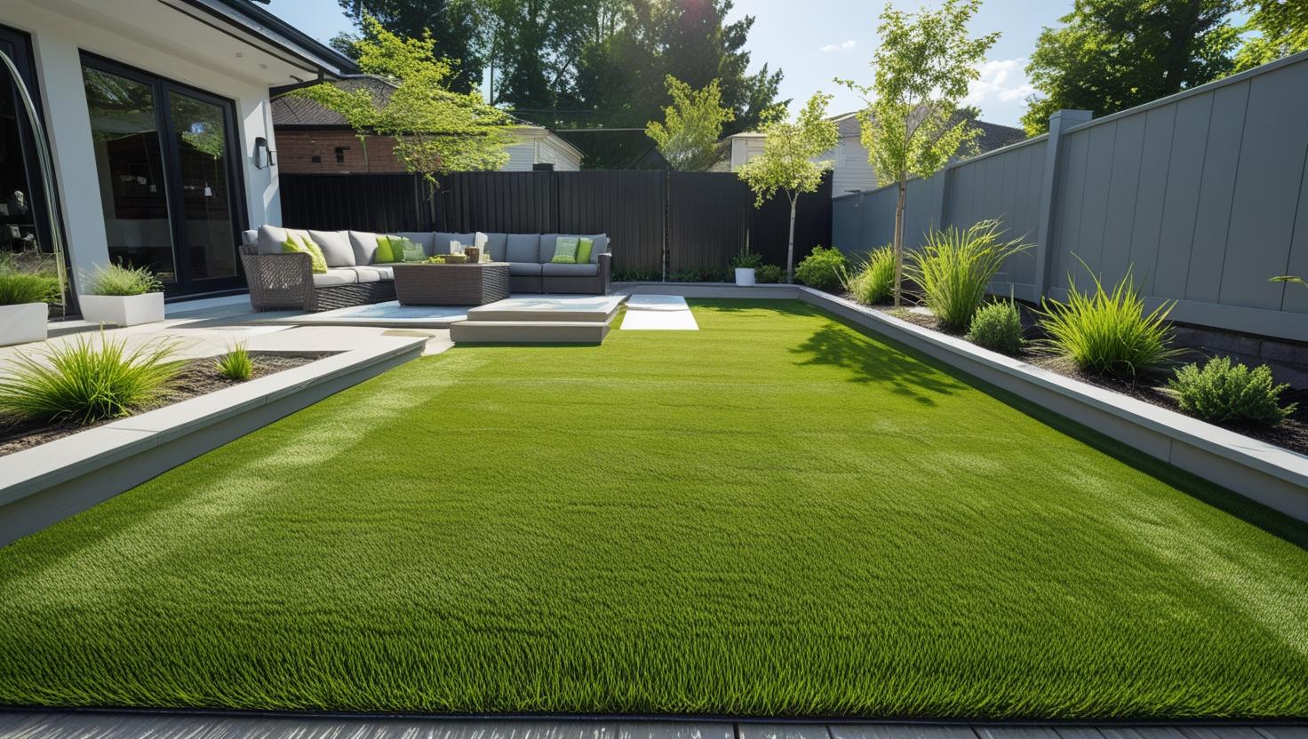 “Beautiful backyard with freshly installed Regal Turf 50mm artificial grass, thick lush green surface, garden furniture, modern fence, sunny day, clean and premium appearance, ultra-realistic.”