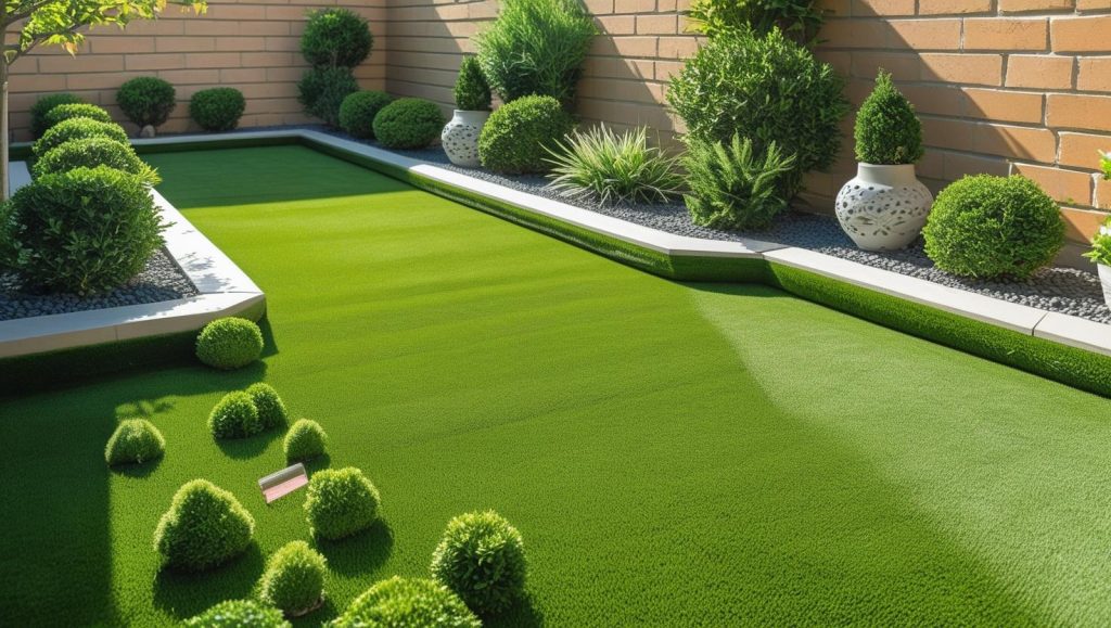 “Compact garden area with Greenvale 32mm synthetic turf, neat and clean green surface, small shrubs, garden decor, bright sunny day, realistic landscaping photo, minimal and tidy look.”