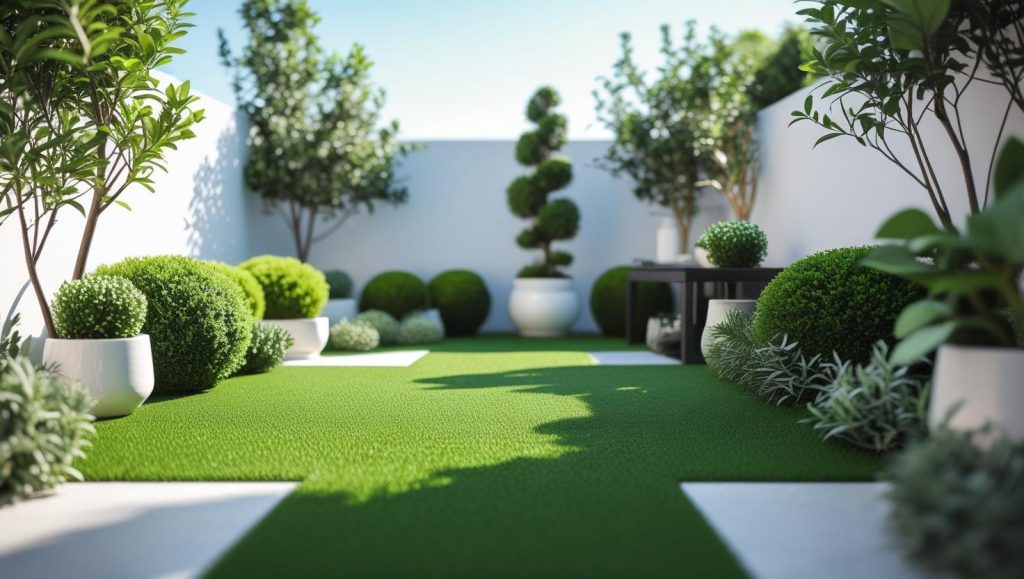 “Compact garden area with Greenvale 32mm synthetic turf, neat and clean green surface, small shrubs, garden decor, bright sunny day, realistic landscaping photo, minimal and tidy look.” (2)