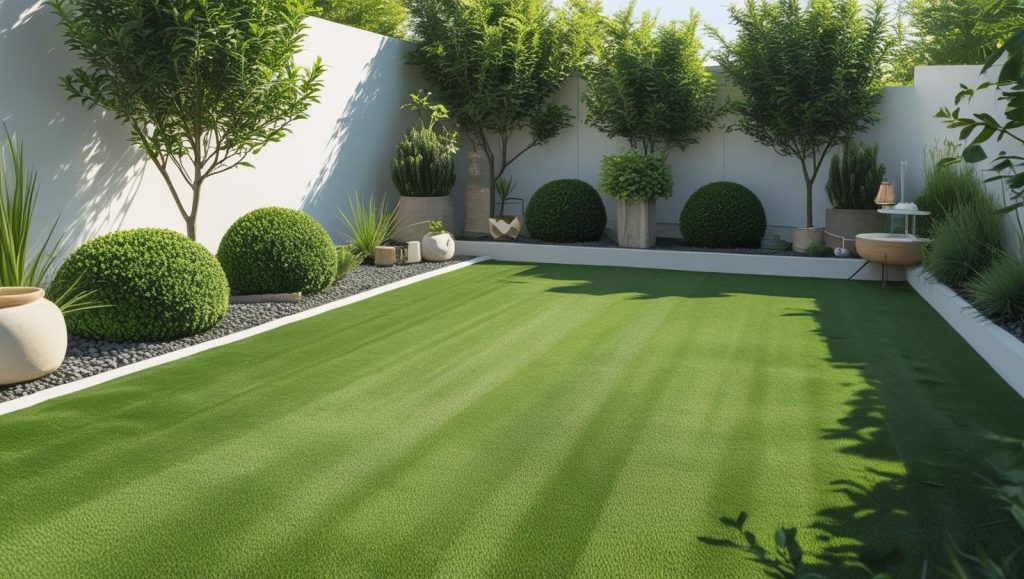 “Compact garden area with Greenvale 32mm synthetic turf, neat and clean green surface, small shrubs, garden decor, bright sunny day, realistic landscaping photo, minimal and tidy look.” (3)