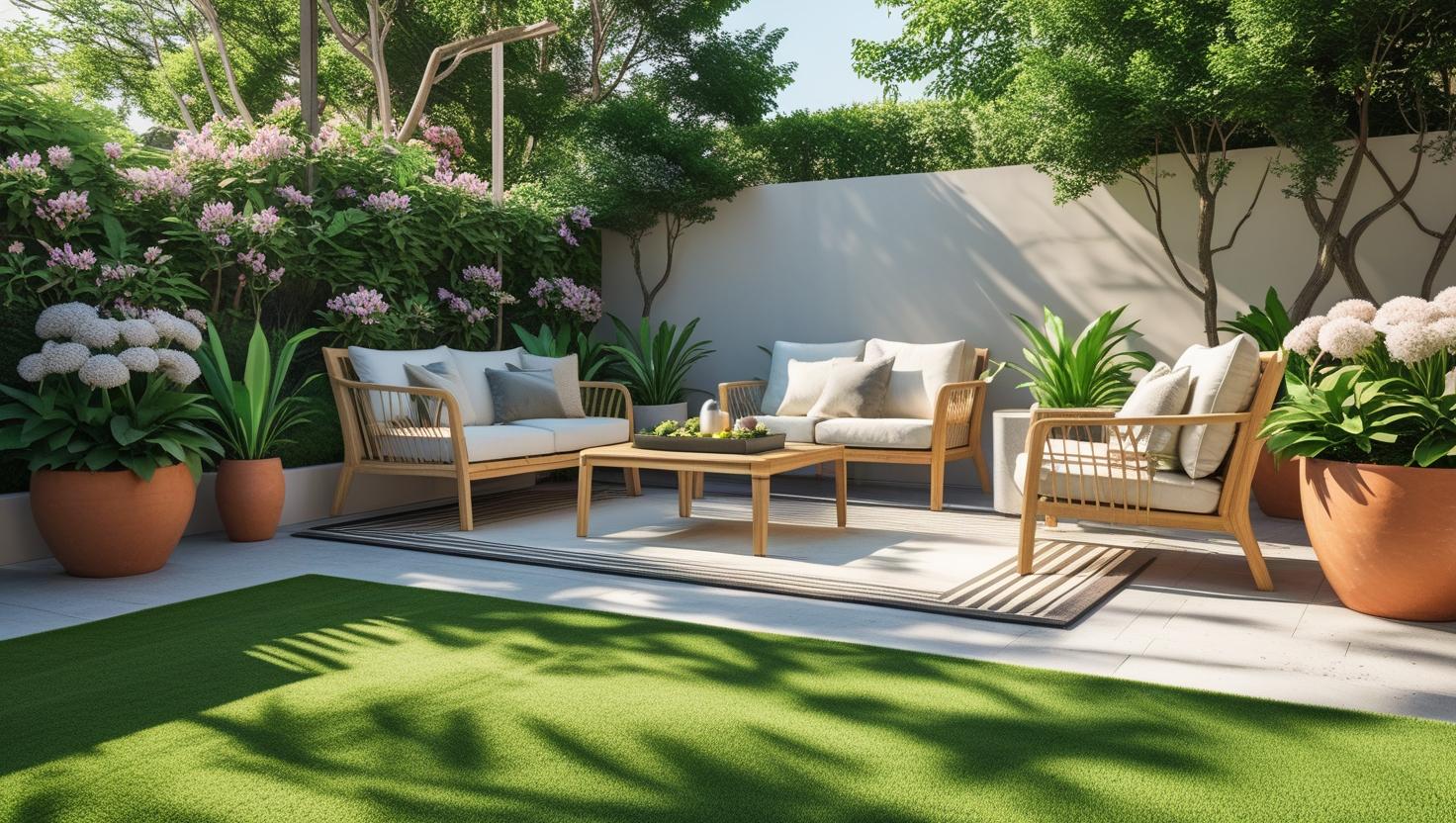“Contemporary backyard featuring Hampton 38mm artificial grass, clean and vibrant green surface, garden furniture, decorative plants, soft shadows, sunny day, realistic landscaping photo.” (2)