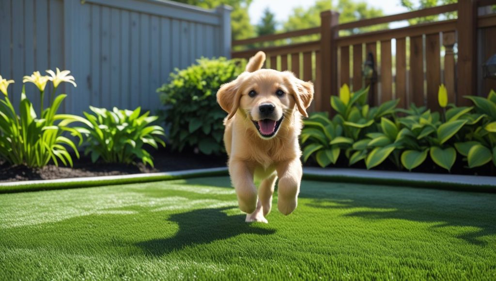 “Happy dog playing on Pet-Play 35mm artificial grass in a backyard, clean and soft turf, fenced area, garden plants, sunny day, realistic premium-quality lawn image.”