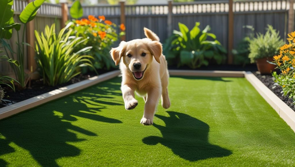 “Happy dog playing on Pet-Play 35mm artificial grass in a backyard, clean and soft turf, fenced area, garden plants, sunny day, realistic premium-quality lawn image.” (1)