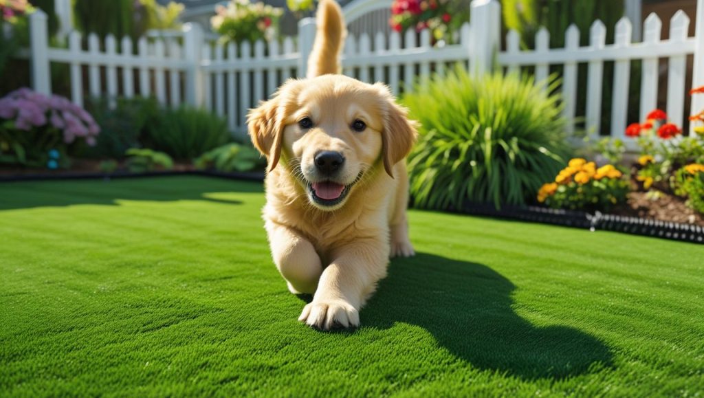“Happy dog playing on Pet-Play 35mm artificial grass in a backyard, clean and soft turf, fenced area, garden plants, sunny day, realistic premium-quality lawn image.” (2)