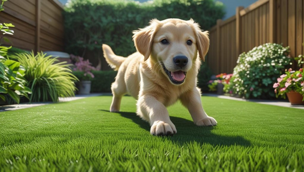 “Happy dog playing on Pet-Play 35mm artificial grass in a backyard, clean and soft turf, fenced area, garden plants, sunny day, realistic premium-quality lawn image.” (3)